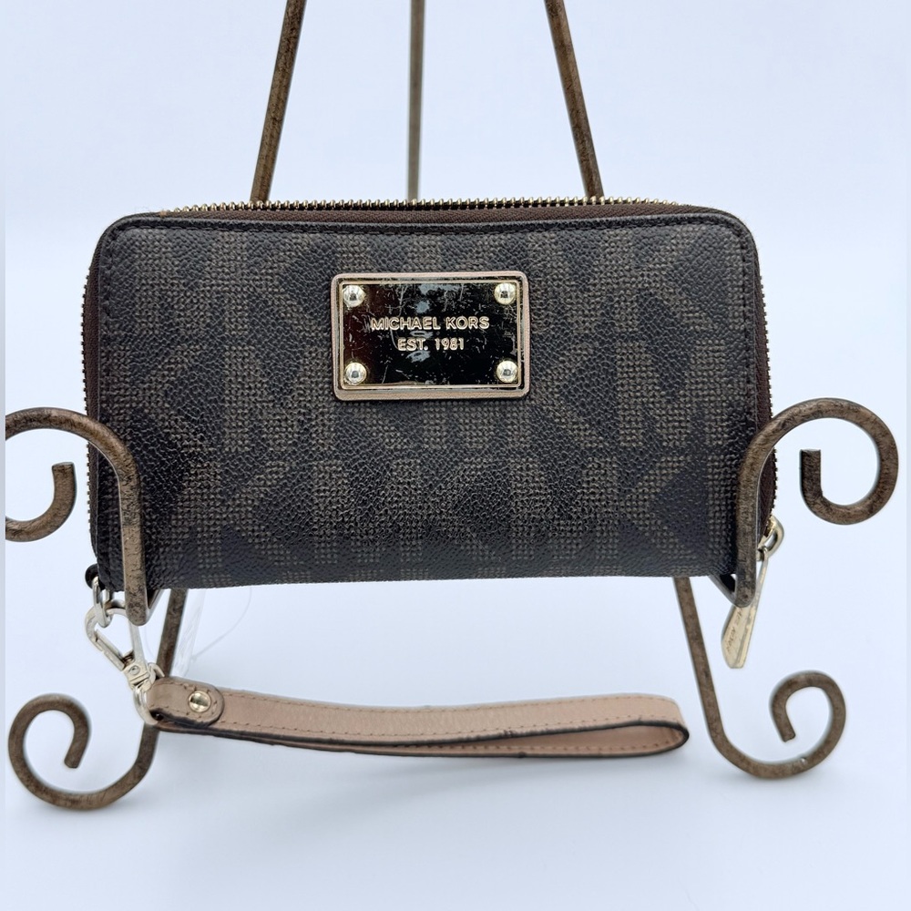 Michael Kors Brown Logo Zip Wristlet with Gold Hardware